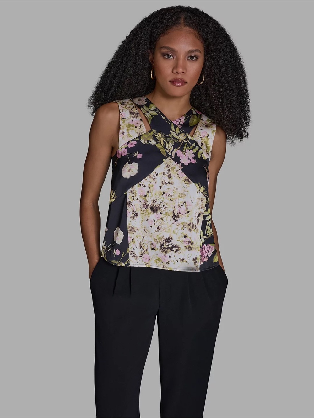 BCBG Black Floral Cross-Front Camisole with Pink and Cream Floral Panels